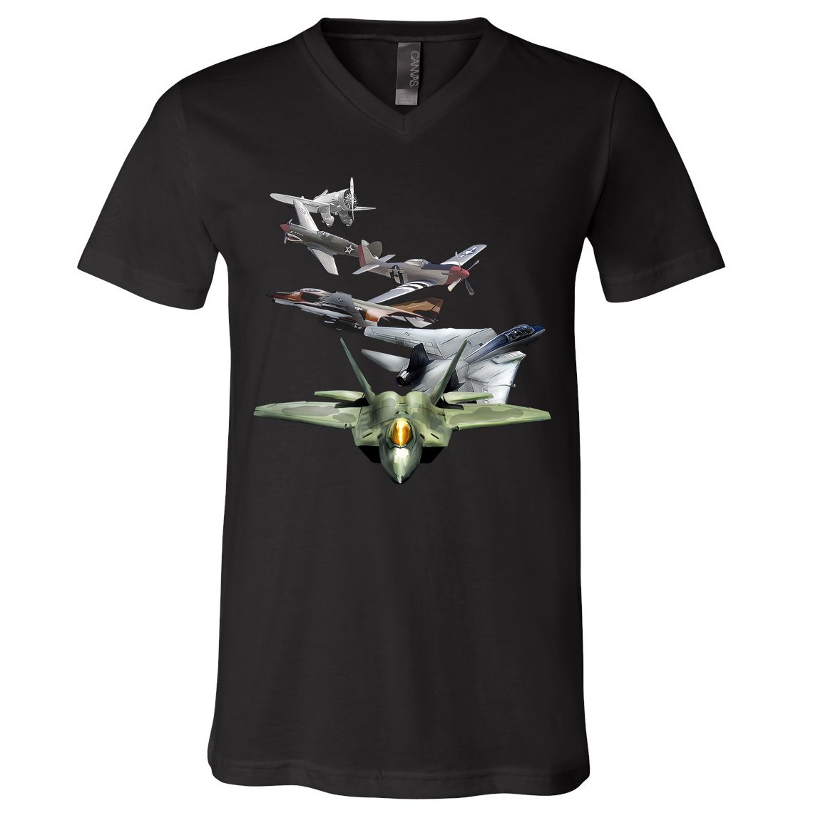 History Of The Fighter Plane - Air Force F-22 F-16 V-Neck T-Shirt