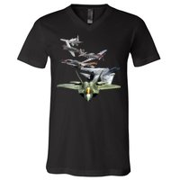 History Of The Fighter Plane - Air Force F-22 F-16 V-Neck T-Shirt