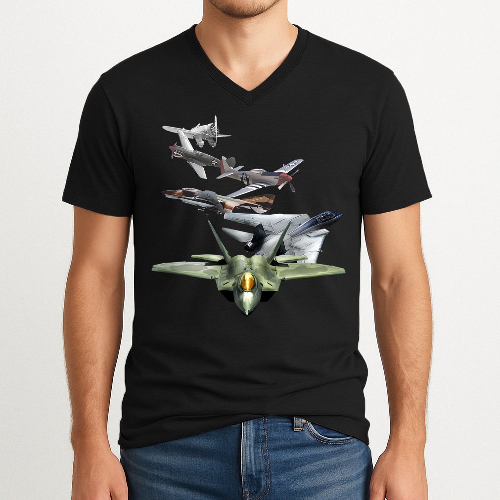 History Of The Fighter Plane - Air Force F-22 F-16 V-Neck T-Shirt
