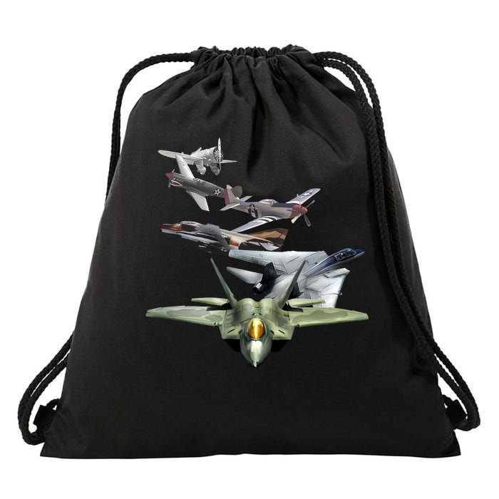 History Of The Fighter Plane - Air Force F-22 F-16 Drawstring Bag