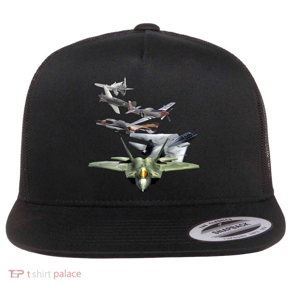 History Of The Fighter Plane - Air Force F-22 F-16 Flat Bill Trucker Hat