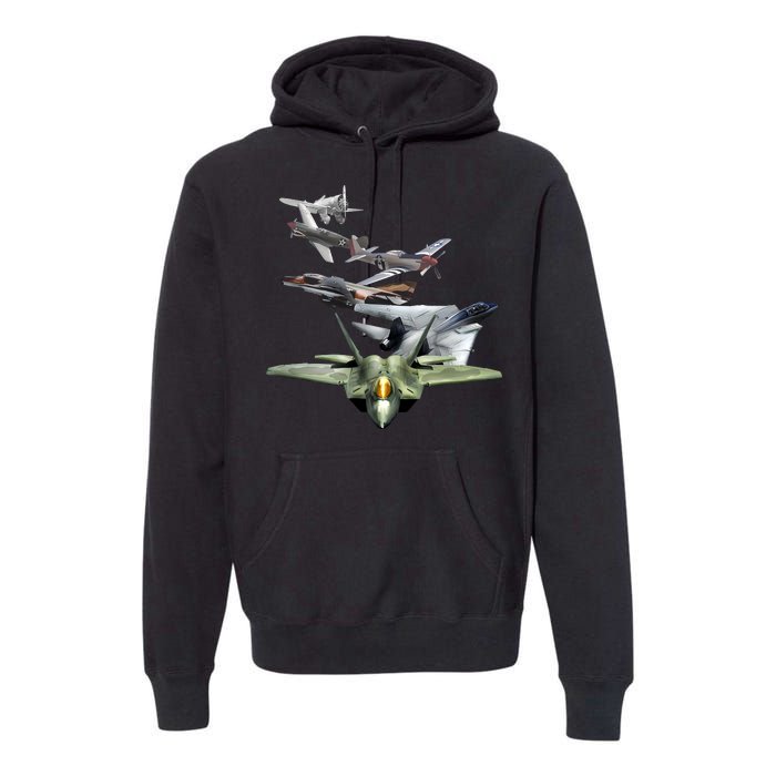 History Of The Fighter Plane - Air Force F-22 F-16 Premium Hoodie