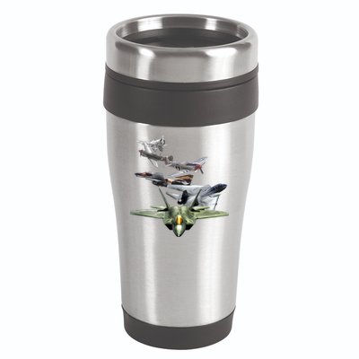 History Of The Fighter Plane - Air Force F-22 F-16 16oz Travel Tumbler