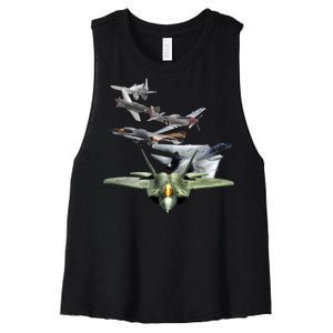 History Of The Fighter Plane - Air Force F-22 F-16 Women's Racerback Cropped Tank