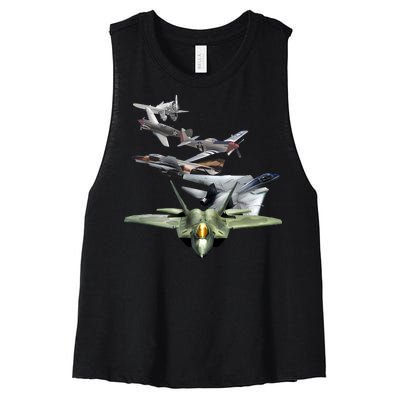 History Of The Fighter Plane - Air Force F-22 F-16 Women's Racerback Cropped Tank