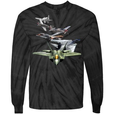 History Of The Fighter Plane - Air Force F-22 F-16 Tie-Dye Long Sleeve Shirt