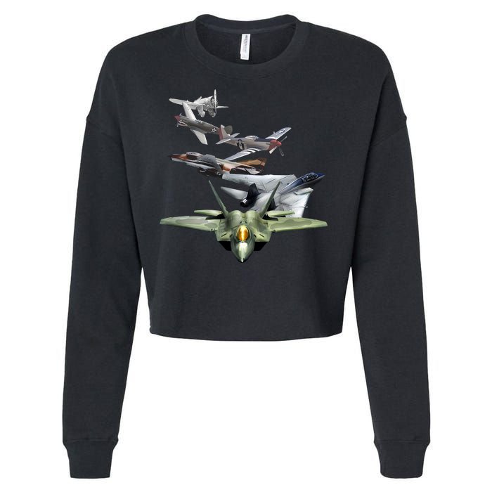 History Of The Fighter Plane - Air Force F-22 F-16 Cropped Pullover Crew