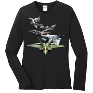 History Of The Fighter Plane - Air Force F-22 F-16 Ladies Long Sleeve Shirt