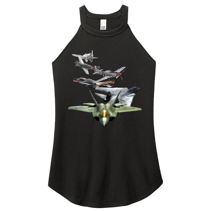 History Of The Fighter Plane - Air Force F-22 F-16 Women's Perfect Tri Rocker Tank