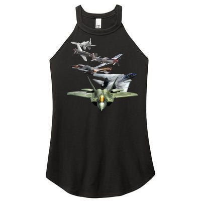 History Of The Fighter Plane - Air Force F-22 F-16 Women’s Perfect Tri Rocker Tank