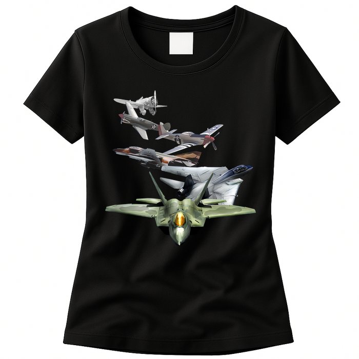 History Of The Fighter Plane - Air Force F-22 F-16 Womens T-Shirt