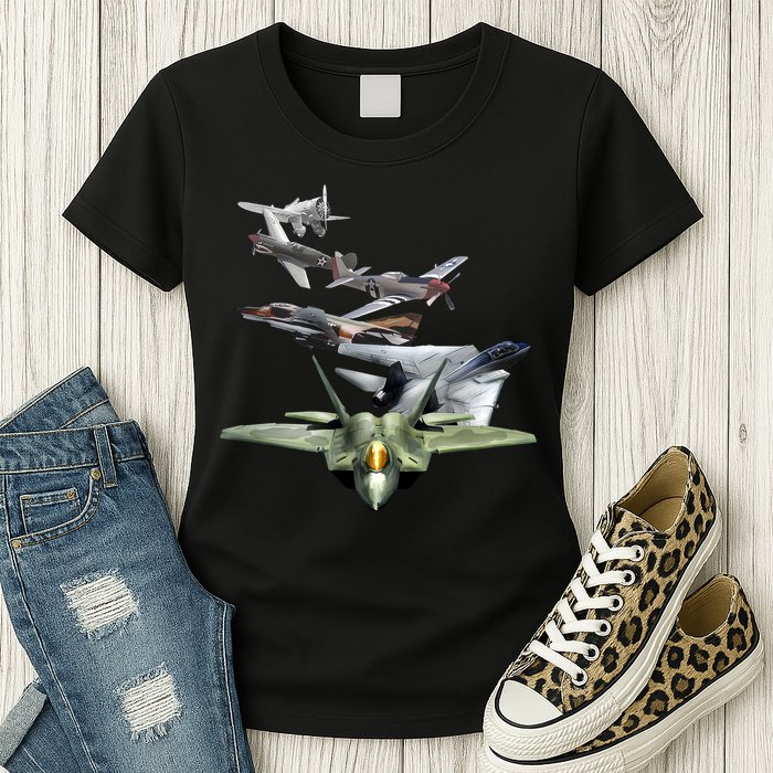History Of The Fighter Plane - Air Force F-22 F-16 Womens T-Shirt