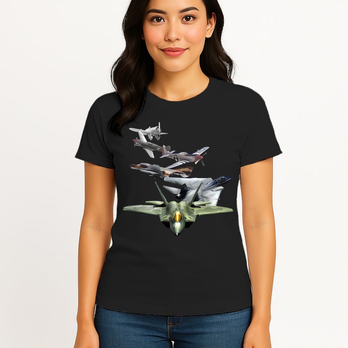 History Of The Fighter Plane - Air Force F-22 F-16 Womens T-Shirt