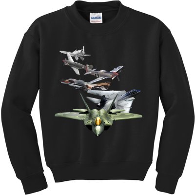 History Of The Fighter Plane - Air Force F-22 F-16 Kids Sweatshirt