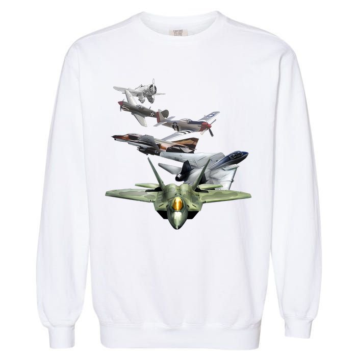 History Of The Fighter Plane - Air Force F-22 F-16 Garment-Dyed Sweatshirt