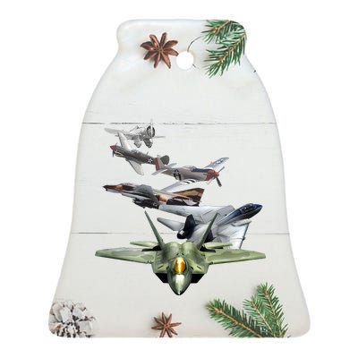 History Of The Fighter Plane - Air Force F-22 F-16 Ceramic Bell Ornament