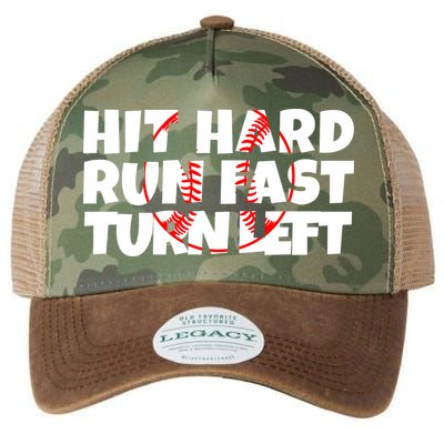 Hit Hard Run Fast Turn Left Funny Baseball Legacy Tie Dye Trucker Hat