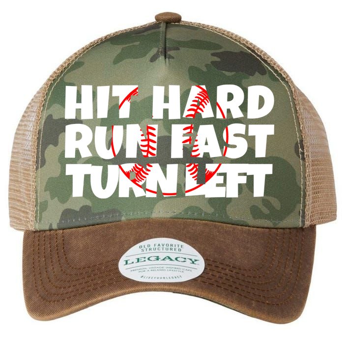 Hit Hard Run Fast Turn Left Funny Baseball Legacy Tie Dye Trucker Hat