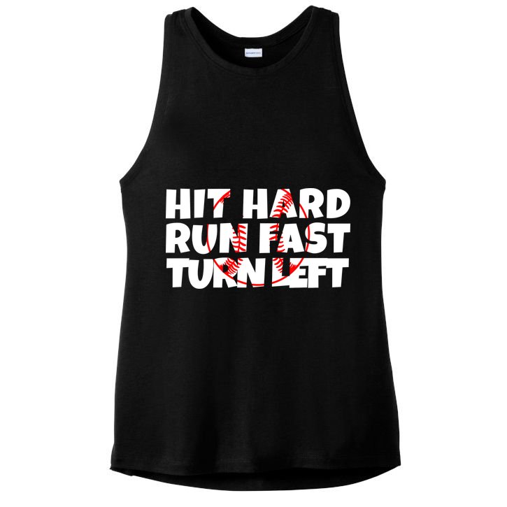 Hit Hard Run Fast Turn Left Funny Baseball Ladies PosiCharge Tri-Blend Wicking Tank