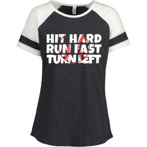 Hit Hard Run Fast Turn Left Funny Baseball Enza Ladies Jersey Colorblock Tee