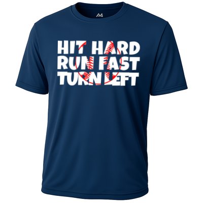 Hit Hard Run Fast Turn Left Funny Baseball Performance Shirt