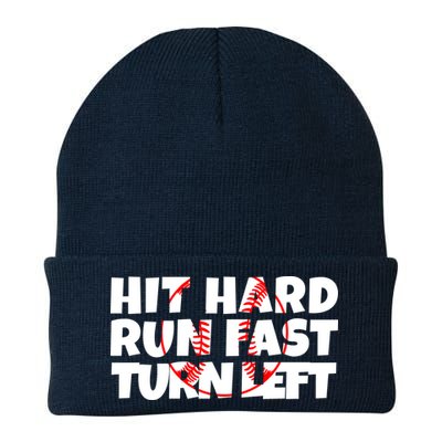 Hit Hard Run Fast Turn Left Funny Baseball Beanie