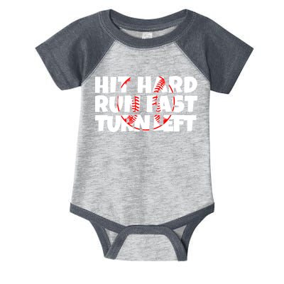 Hit Hard Run Fast Turn Left Funny Baseball Infant Baby Jersey Bodysuit