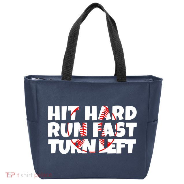 Hit Hard Run Fast Turn Left Funny Baseball Zip Tote Bag