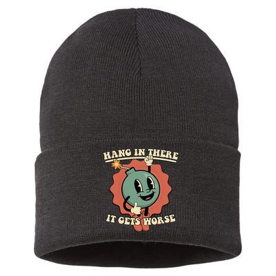 Hang In There It Gets Worse Existential Dread Cartoon Bomb Sustainable Knit Beanie