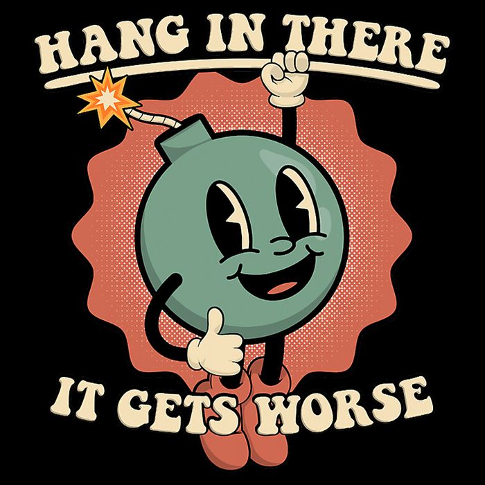 Hang In There It Gets Worse Existential Dread Cartoon Bomb Drawstring Bag