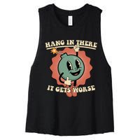 Hang In There It Gets Worse Existential Dread Cartoon Bomb Women's Racerback Cropped Tank