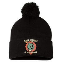 Hang In There It Gets Worse Existential Dread Cartoon Bomb Pom Pom 12in Knit Beanie