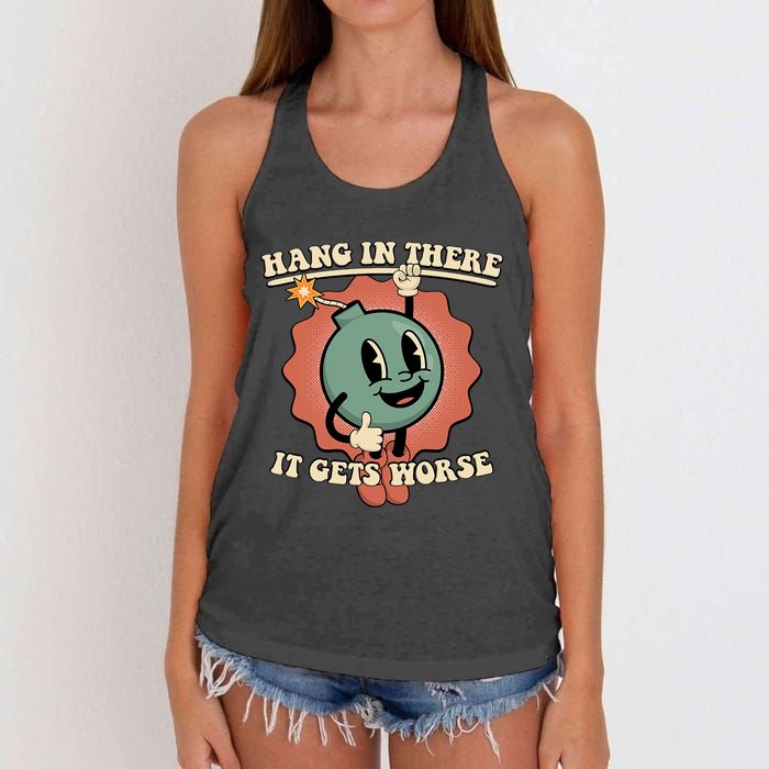 Hang In There It Gets Worse Existential Dread Cartoon Bomb Women's Knotted Racerback Tank