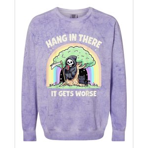 Hang In There It Gets Worse Funny Cat Skeleton Rainbow Colorblast Crewneck Sweatshirt