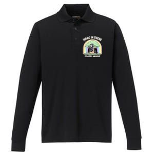 Hang In There It Gets Worse Funny Cat Skeleton Rainbow Performance Long Sleeve Polo