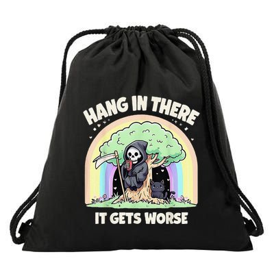 Hang In There It Gets Worse Funny Cat Skeleton Rainbow Drawstring Bag