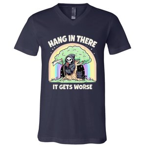 Hang In There It Gets Worse Funny Cat Skeleton Rainbow V-Neck T-Shirt