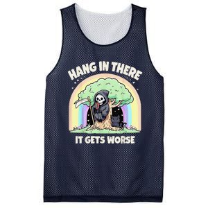 Hang In There It Gets Worse Funny Cat Skeleton Rainbow Mesh Reversible Basketball Jersey Tank