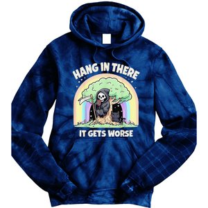 Hang In There It Gets Worse Funny Cat Skeleton Rainbow Tie Dye Hoodie