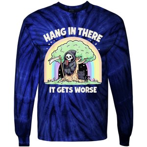 Hang In There It Gets Worse Funny Cat Skeleton Rainbow Tie-Dye Long Sleeve Shirt