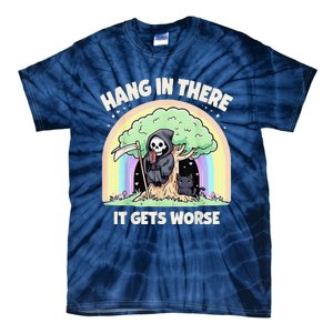 Hang In There It Gets Worse Funny Cat Skeleton Rainbow Tie-Dye T-Shirt