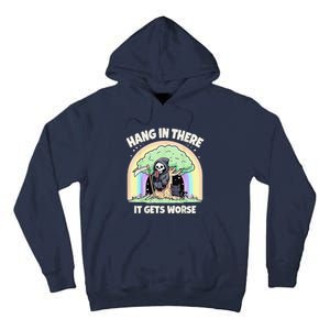 Hang In There It Gets Worse Funny Cat Skeleton Rainbow Tall Hoodie