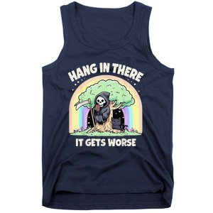 Hang In There It Gets Worse Funny Cat Skeleton Rainbow Tank Top