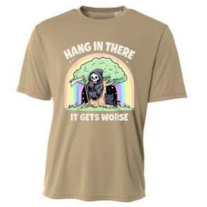 Hang In There It Gets Worse Funny Cat Skeleton Rainbow Cooling Performance Crew T-Shirt