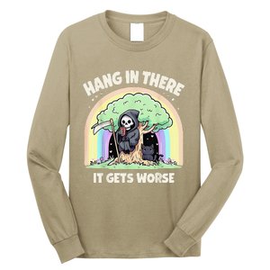 Hang In There It Gets Worse Funny Cat Skeleton Rainbow Long Sleeve Shirt