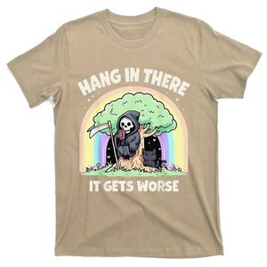 Hang In There It Gets Worse Funny Cat Skeleton Rainbow T-Shirt