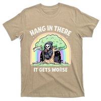 Hang In There It Gets Worse Funny Cat Skeleton Rainbow T-Shirt