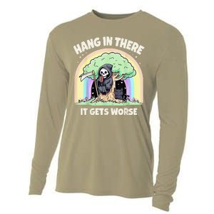 Hang In There It Gets Worse Funny Cat Skeleton Rainbow Cooling Performance Long Sleeve Crew