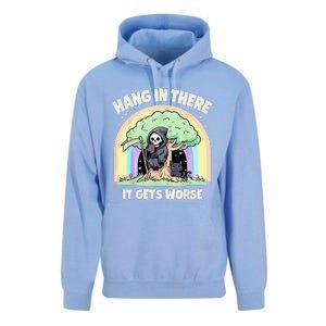 Hang In There It Gets Worse Funny Cat Skeleton Rainbow Unisex Surf Hoodie