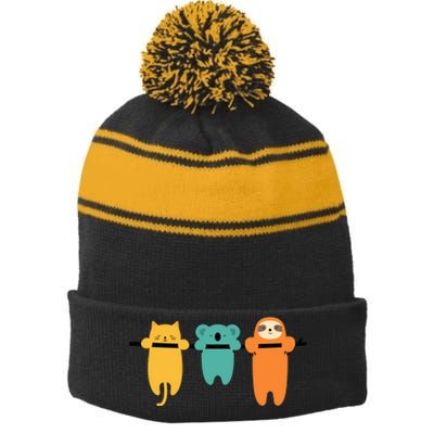 Hang In There Cat Sloth And Koala Cute Stripe Pom Pom Beanie